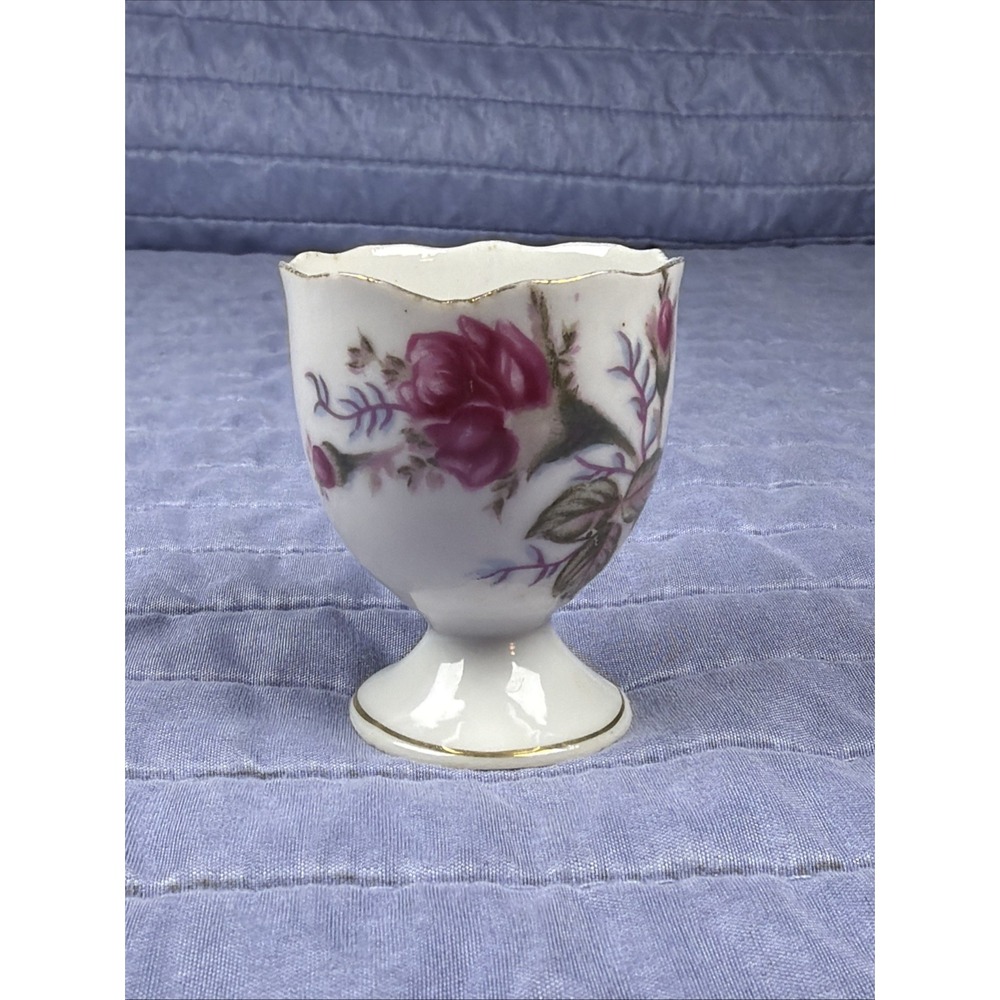Vintage Pink Moss Rose Porcelain Egg Cup W/ Gold Trim Japan